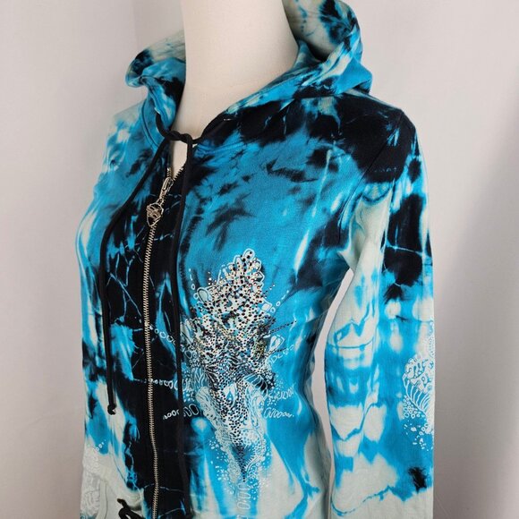 Sledge Vintage Hoodie Medium Zip Tie-Dye Rhinestone Blue Y2K Grunge Long Pockets - Picture 5 of 11